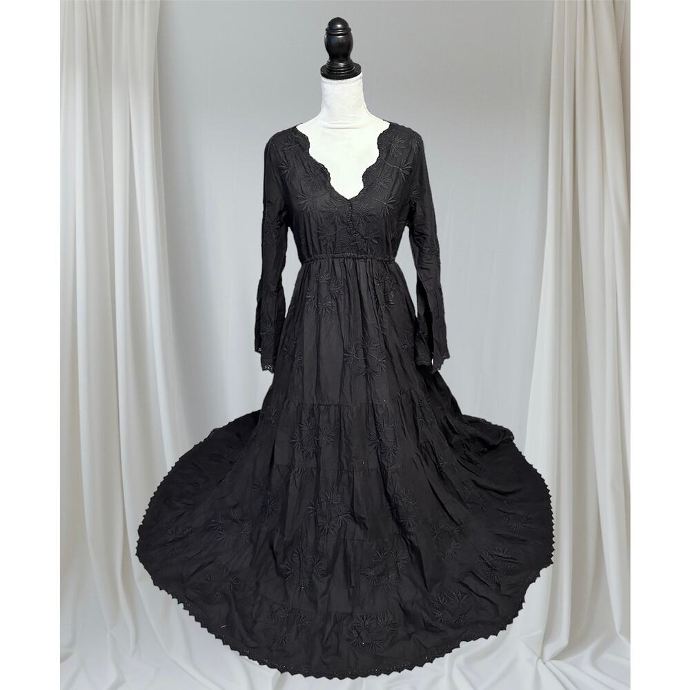 Raga Black Embroidered Maxi Dress Boho Long Sleeve Women's Size Large Goth Fairy